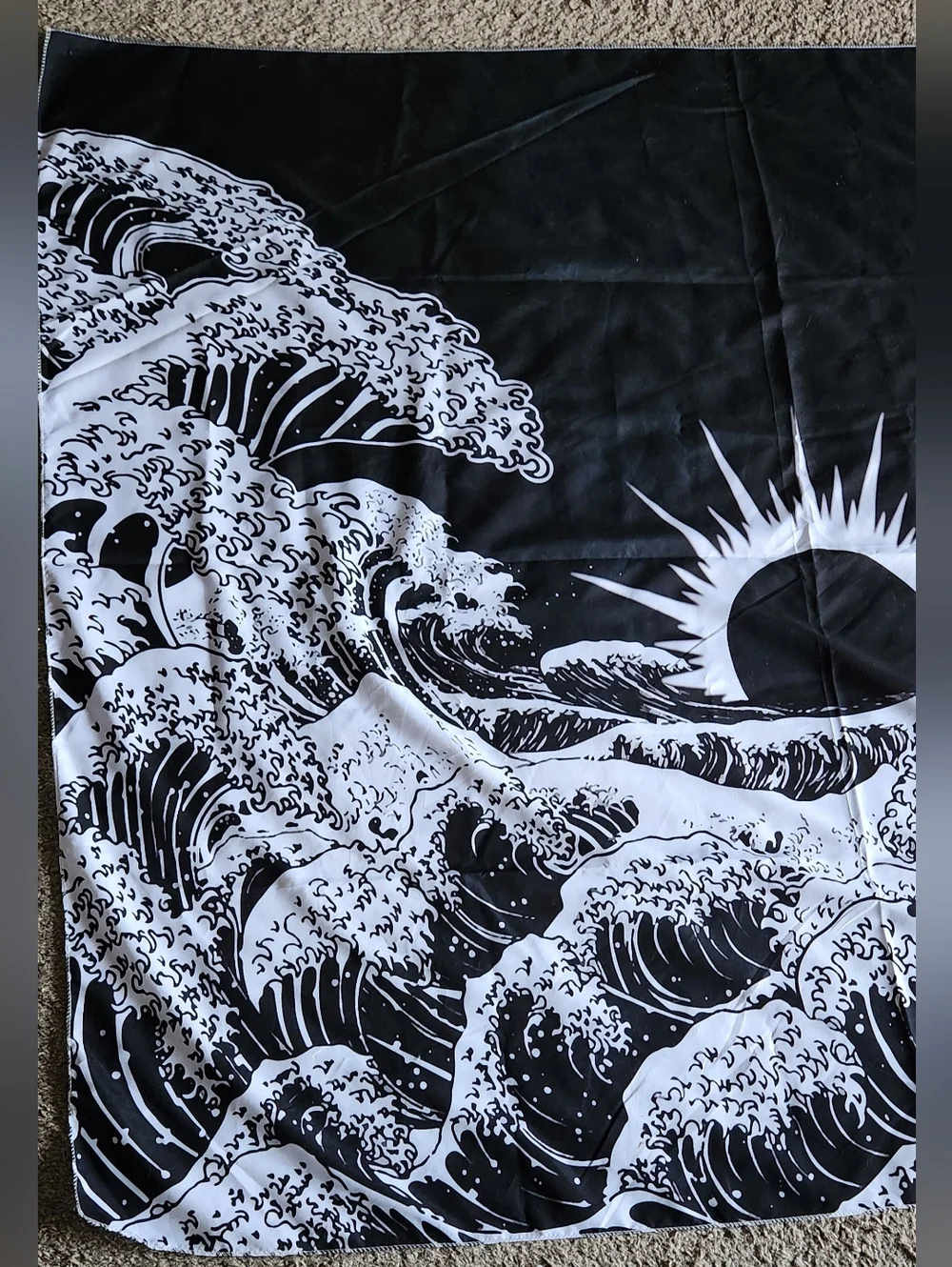Large Black & White Ocean Wave Wall Hanging Tapestry with Rising Sun - Picture 2 of 6